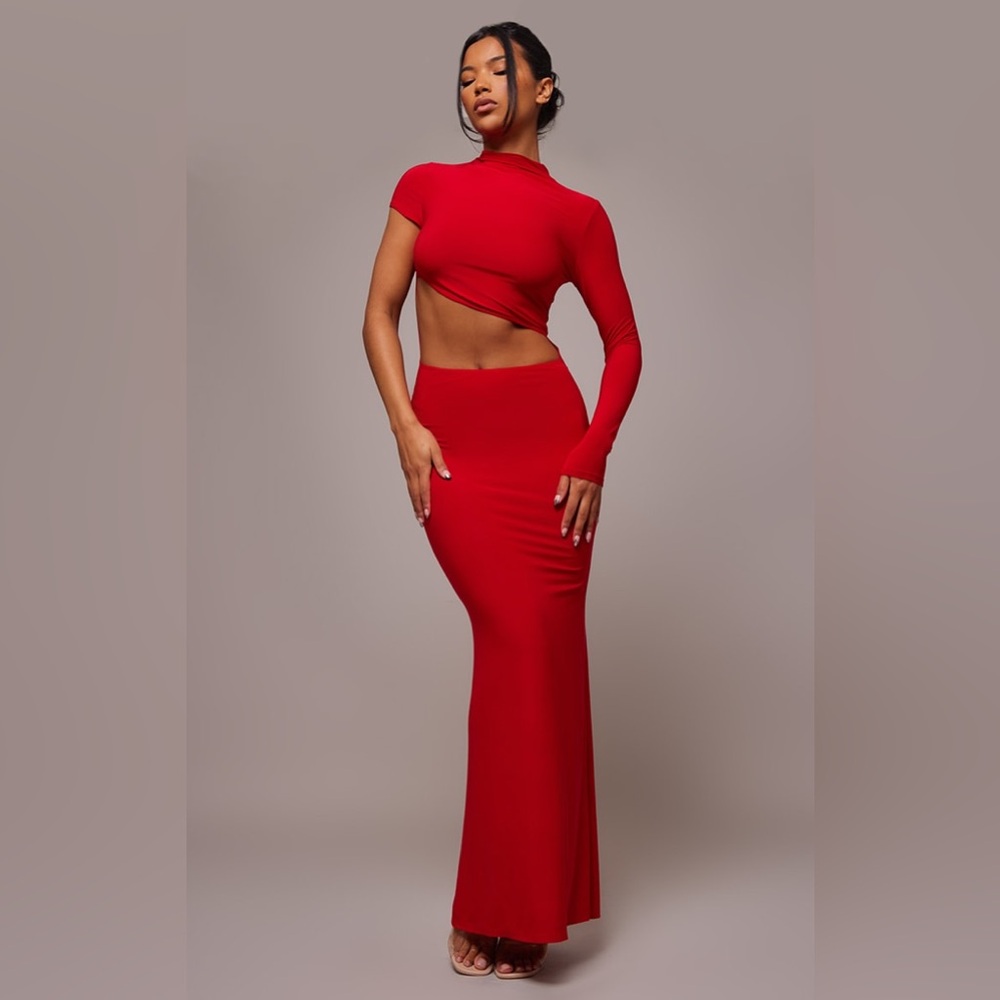 Red Slinky One Shoulder Cut Out Maxi Dress